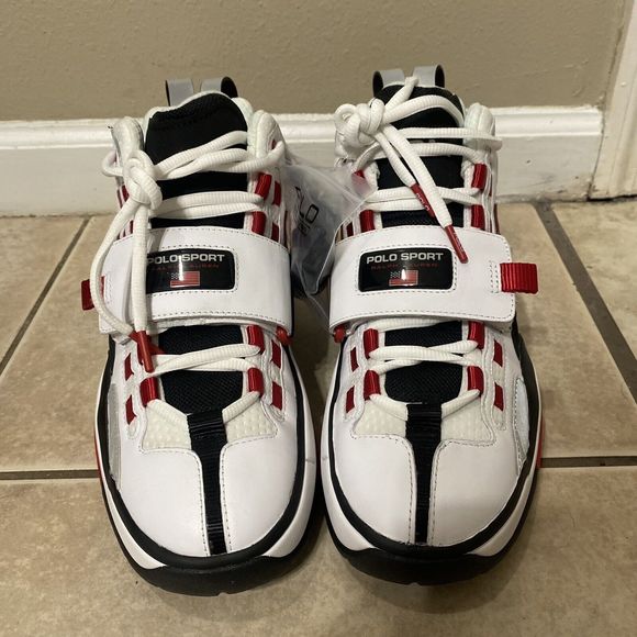 NEW Ralph Lauren Polo Sport Men's 9 White Black Red High Top Shoes PS100 - Picture 2 of 8